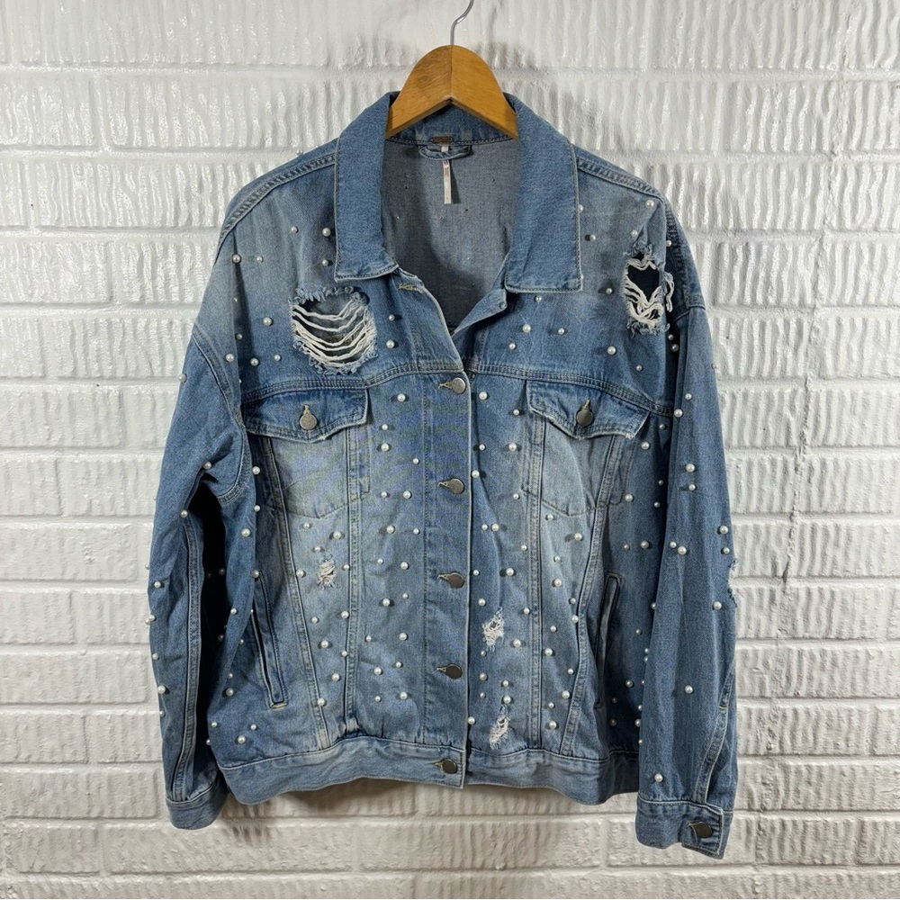 Free People Light Blue Pearl-Embellished Distressed Denim Jacket - Picture 3 of 8